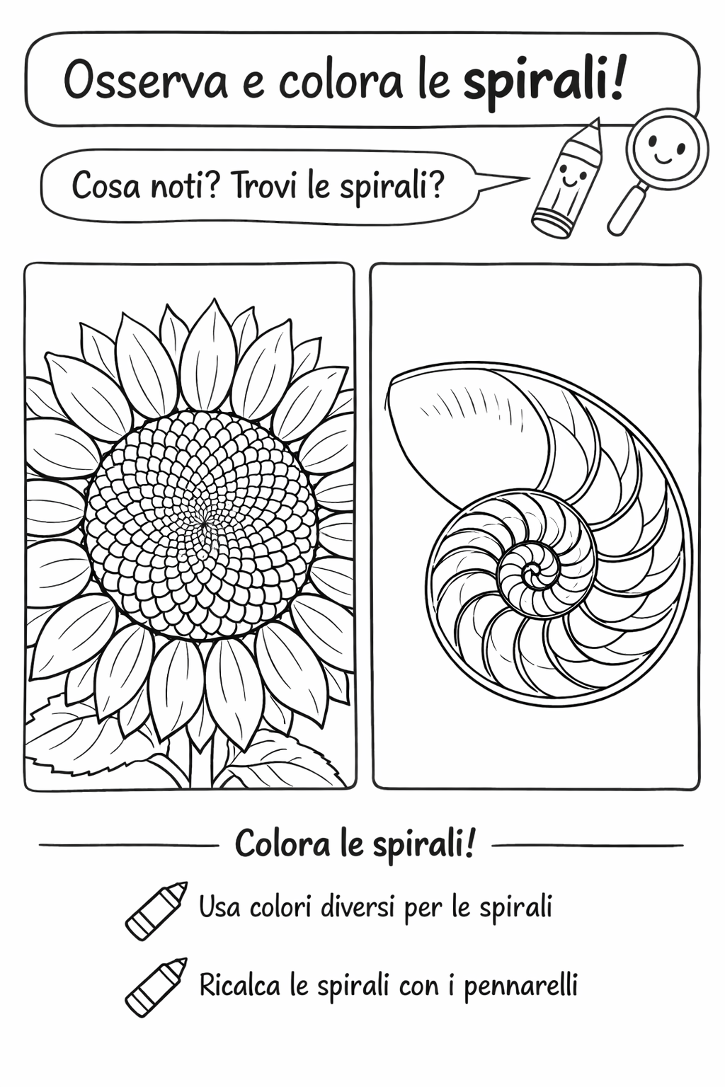 Scheda in bianco e nero da colorare sulle spirali