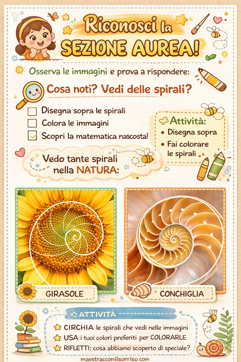 Scheda colorata sulle spirali nella natura