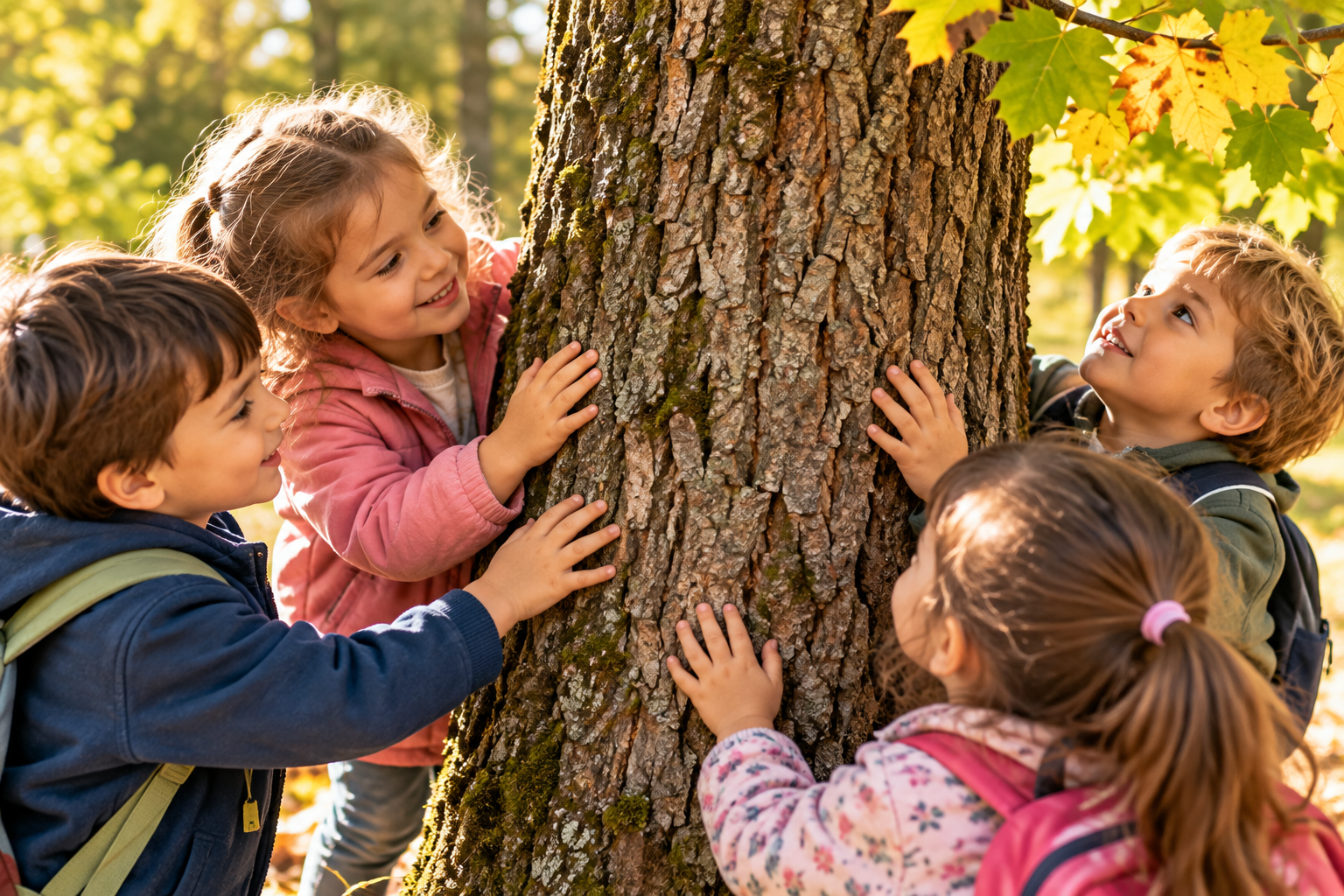 Bambini esplorano la corteccia di un albero