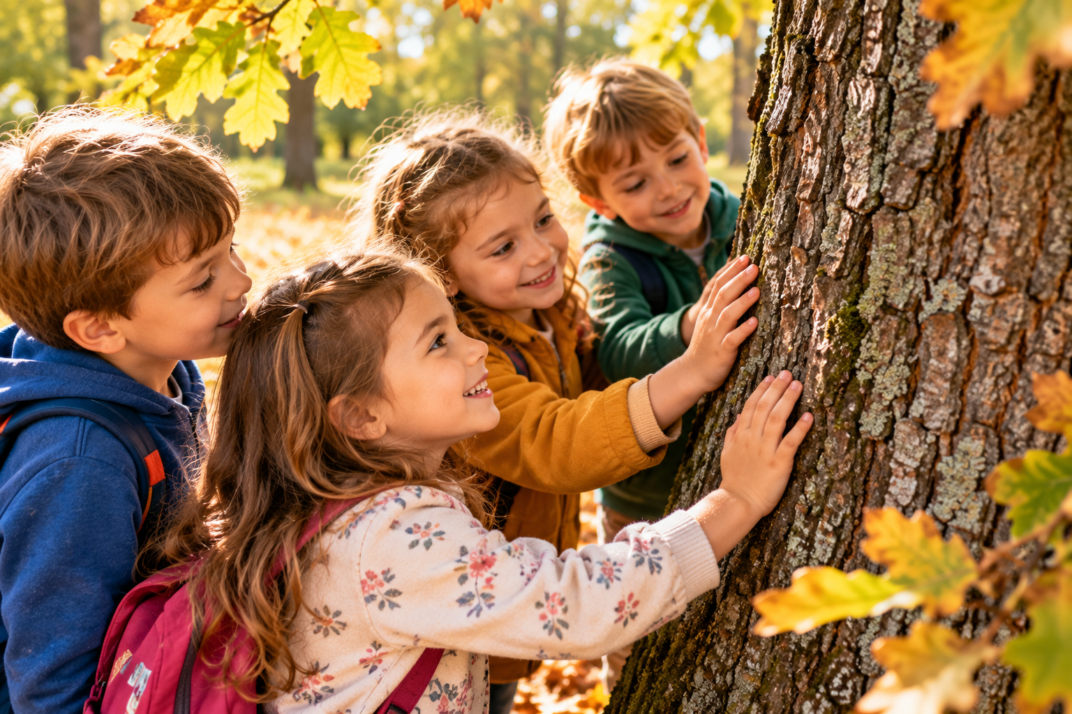 Bambini osservano e toccano un albero