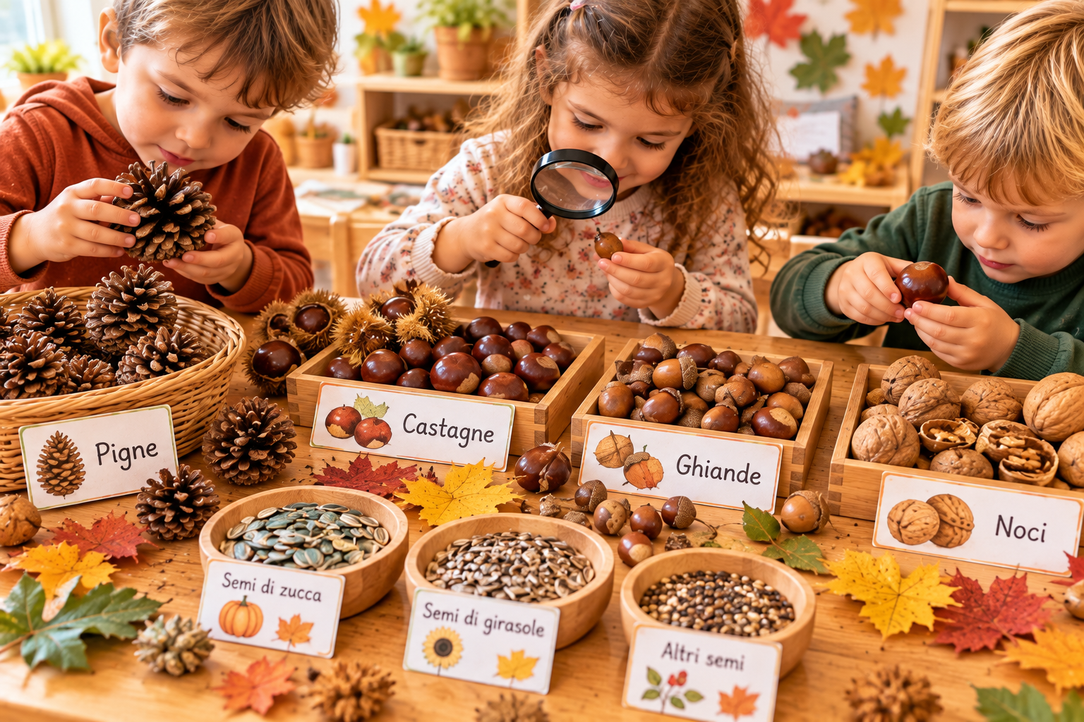 Bambini osservano semi e frutti dell'autunno